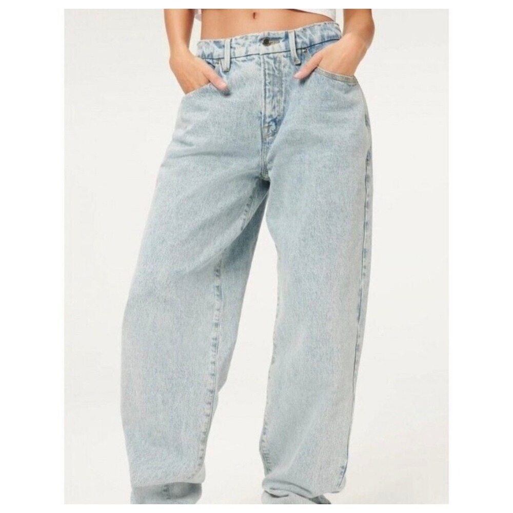 Good American Good 90s Loose Baggy Jeans‎ Light Wash Raw Hem 12 31 Short Crop